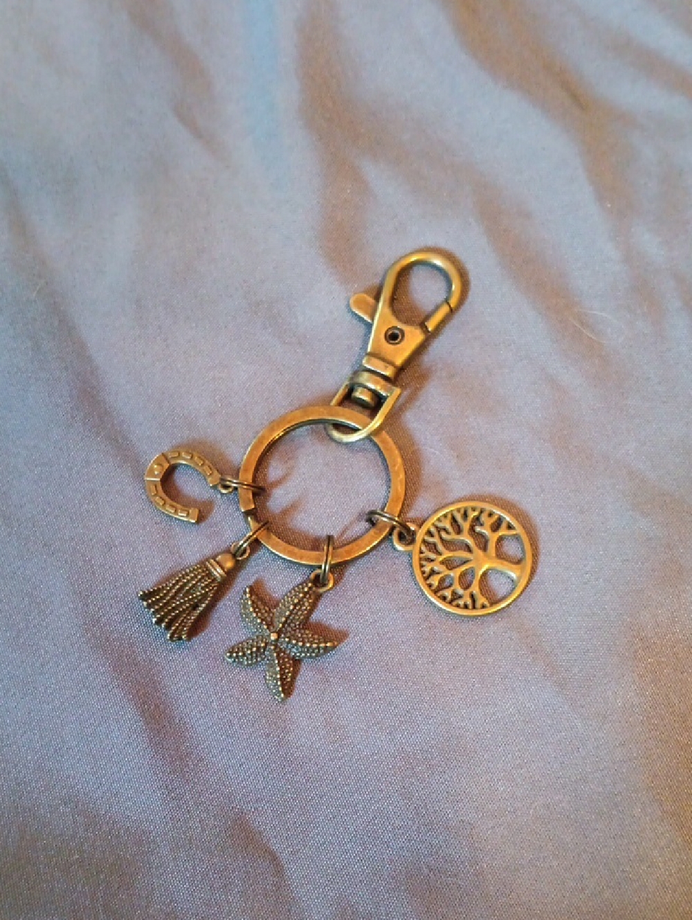 Antique Bronze  Key Chain with Tree, Starfish ,Tassel and Hoseshoe Charms